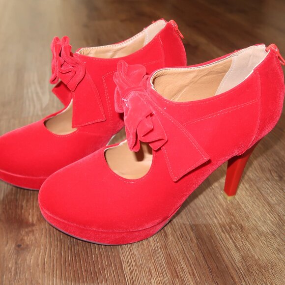 Womens Sexy Red Soft Velvet Bow Front Zip Back Platform High Heels Holiday sz 9 - Picture 2 of 5